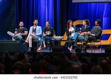 Bonn, Germany - June 8 2019: Wes Chatham, Cas Anvar, Dominique Tipper, Shohreh Aghdashloo, Frankie Adams And Steven Strait At FedCon 28