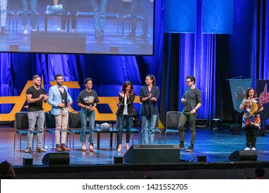 Bonn, Germany - June 8 2019: Wes Chatham, Cas Anvar, Dominique Tipper, Shohreh Aghdashloo, Frankie Adams And Steven Strait At FedCon 28