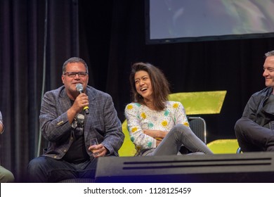 BONN, GERMANY - MAY 19th 2018: Aaron Douglas, Grace Park And Tahmoh Penikett At Fedcon 27, A Four Day Sci-fi Fan Convention