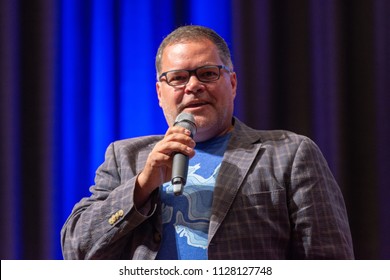 BONN, GERMANY - MAY 19th 2018: Aaron Douglas (*1971, Canadian Actor, Battlestar Galactica) Talks About His Experiences In Battlestar Galactica At Fedcon 27, A Four Day Sci-fi Fan Convention