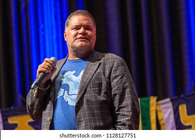 BONN, GERMANY - MAY 19th 2018: Aaron Douglas (*1971, Canadian Actor, Battlestar Galactica) Talks About His Experiences In Battlestar Galactica At Fedcon 27, A Four Day Sci-fi Fan Convention