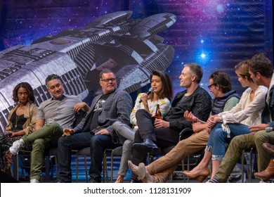 BONN, GERMANY - MAY 19th 2018: Kandyse McClure, Alessandro Juliani, Aaron Douglas, Grace Park, Tahmoh Penikett, James Callis And Tricia Helfer At Fedcon 27, A Four Day Sci-fi Fan Convention