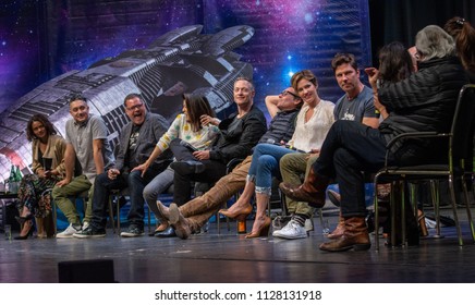 BONN, GERMANY - MAY 19th 2018: Kandyse McClure, Aaron Douglas, Grace Park, Tahmoh Penikett, James Callis, Tricia Helfer, Michael Trucco, Katee Sackhoff, Michael Hogan, Rekha Sharma, 