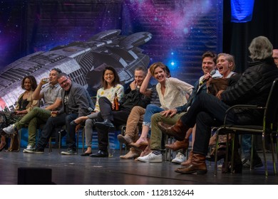 BONN, GERMANY - MAY 19th 2018: Battlestar Galactica Reunion W/ Kandyse McClure, Aaron Douglas, Grace Park, Tahmoh Penikett, James Callis, Tricia Helfer, Michael Trucco, Katee Sackhoff, Michael Hogan..