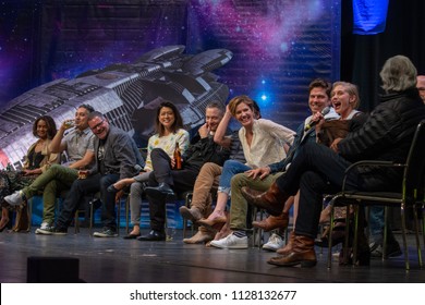 BONN, GERMANY - MAY 19th 2018: Battlestar Galactica Reunion W/ Kandyse McClure, Aaron Douglas, Grace Park, Tahmoh Penikett, James Callis, Tricia Helfer, Michael Trucco, Katee Sackhoff, Michael Hogan..