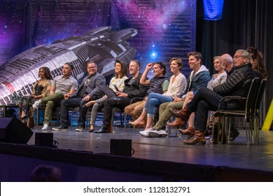 BONN, GERMANY - MAY 19th 2018: Battlestar Galactica Reunion W/ Kandyse McClure, Aaron Douglas, Grace Park, Tahmoh Penikett, James Callis, Tricia Helfer, Michael Trucco, Katee Sackhoff, Michael Hogan..