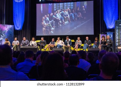 BONN, GERMANY - MAY 19th 2018: Battlestar Galactica Reunion W/ Kandyse McClure, Aaron Douglas, Grace Park, Tahmoh Penikett, James Callis, Tricia Helfer, Michael Trucco, Katee Sackhoff, Michael Hogan..