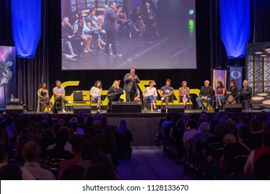 BONN, GERMANY - MAY 19th 2018: Battlestar Galactica Reunion W/ Kandyse McClure, Aaron Douglas, Grace Park, Tahmoh Penikett, James Callis, Tricia Helfer, Michael Trucco, Katee Sackhoff, Michael Hogan..