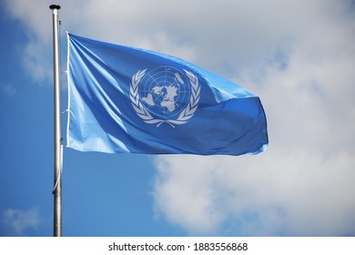 Bonn, North Rhine-Westphalia, Germany - May 14, 2019: Flag of the United Nations on the UN Campus Bonn, Germany