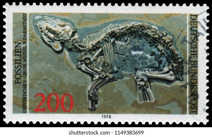 Bonn, West Germany - July 13, 1978: Fossil Of Eohippus (primitive Horse) On The Stamp That Issued By German Post In 1978.