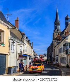 Bonneval, France - October 10, 2021: The Car Of Uno-X Pro Cycling Team Drives In Bonneval During Road Cycling Race Paris-Tour 2021.