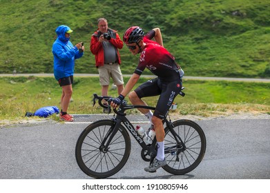 Bonneval-sur-Arc, France - July 26, 2019: TheDutch cyclist Dylan van Baarle  of Team Ineos climbing the road to Col de Iseran during the stage 19 of Le Tour de France 2019.