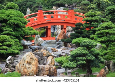 Bonsai tree decoration with  japanese red bridge garden, Nan Lian Garden, Hong Kong - Powered by Shutterstock