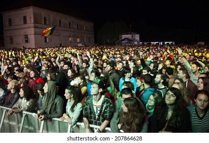 BONTIDA - JUNE 19: Crowd of partying people during a live concert at Electric Castle Festival on June 19, 2014 in the Banffy castle in Bontida, Romania. 