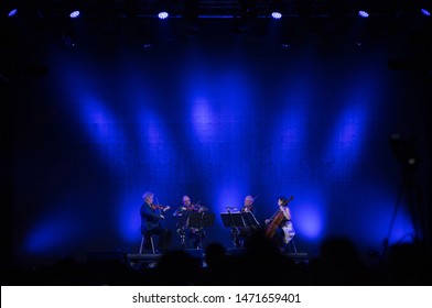 BONTIDA, ROMANIA - JULY 20, 2019: Kronos Quartet American String Symphonic Orchestra Performing Live At Electric Castle Festival