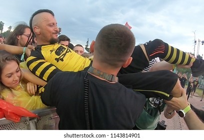 BONTIDA, ROMANIA - JULY 22, 2018: Singer Of Dubioza Kolektiv Band Doing A Crowd Surfing During Their Concert At Electric Castle Festival