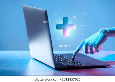Bonus. Robot pushing button on laptop. Plus and percent signs flying out of computer