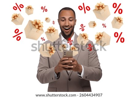 Bonus. Surprised man using mobile phone on white background. Gift boxes and percent signs flying out of device