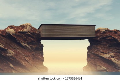Book between mountains gap.  . Overcome any obstacle with education and self development. - Shutterstock ID 1675826461