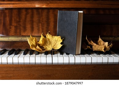 The book in a black cover similar to the Bible is on the keys of an old piano, next to it are autumn yellow leaves, the concept of development, spiritual education. Selective focus
