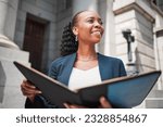 Book, black woman or lawyer thinking of education, legislation or constitution research by law firm. Reading, studying or happy attorney with knowledge, ideas or vision for legal agency by court