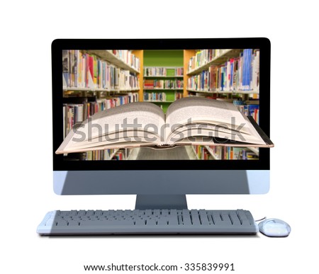 A book coming out of a computer with library on the screen of the computer representing online library, school, manual, instruction, e-book, research, search, dictionary, thesaurus and encyclopedia.
