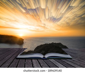 Book Concept Unique Time Lapse Stack Sunrise Landscape Over Rocky Coastline