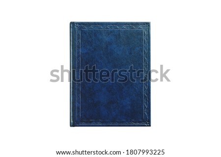 book with cover blue color isolated on white background, top view close-up