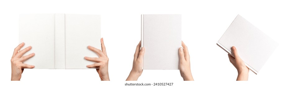 Book cover mockup set. Blank hard cover, hardback mock up in hands isolated on white background
