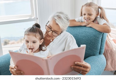 Book, family and children with a grandmother and girl kids reading a story in a home living room together. Retirement, love and learning with an elderly female and sister siblings bonding in a house - Shutterstock ID 2323015693