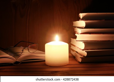 Book Glasses Candle Night