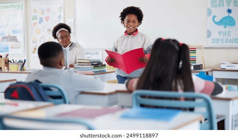 Book, happy kid and reading presentation for learning, education or curriculum in elementary school. Boy child, students and speech with teacher for assignment project or knowledge in lesson in class - Powered by Shutterstock