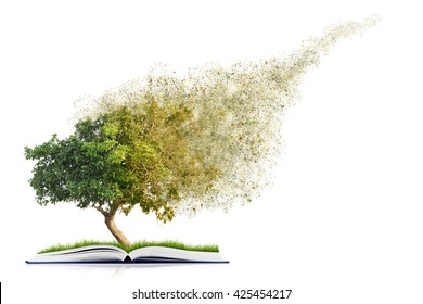 book of nature with grass and tree growth and disintegrate, isolated on white background