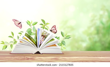 Book Of Nature. Horizontal Banner With Book Open And Two Monarch Butterflies On Wood Table. Knowledge, Education, Ecology And Environment Concept. Copy Space For Text