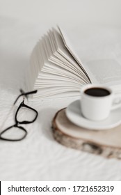 Book On The Bed, Minimalism, Hygge, Cozy, Coffee, Reading Glasses, Cards, White, Wood