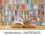 book with open pages, close up, books on the shelf in school, open book on wooden table. back to school concept, High quality book photography, Best Book Photo