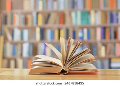 book with open pages, close up, books on the shelf in school, open book on wooden table. back to school concept, High quality book photography, Best Book Photo - Powered by Shutterstock