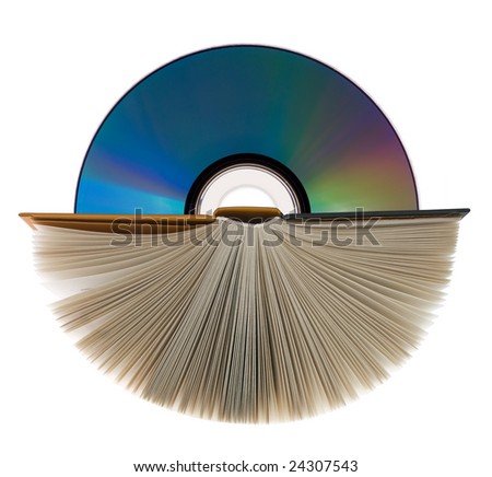 A book with open pages and compact disk on white.