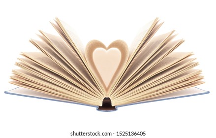 Book With Opened Pages In Shape Of Heart, Isolated On White Background. Bibliophilia.