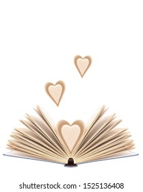 Book With Opened Pages In Shape Of Heart, With Extra Heart Pages, Isolated On White Background. Bibliophilia.