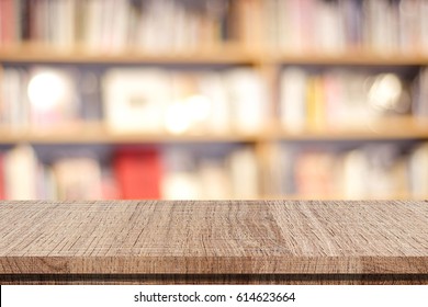 Book Shelf Background, Empty Wooden Table Over Blur Bookshelf Background, Desk Display And Blurred Bookcase  Mock Up For Education Backdrop Concept, Template, Product Display Montage, Banner