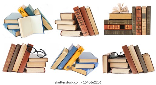 book shelf set, books pile with antique books isolated on white background, closeup