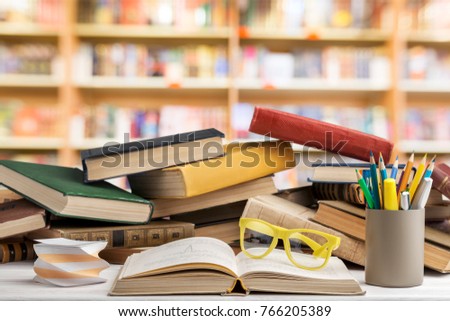 Book, shelf, table.
