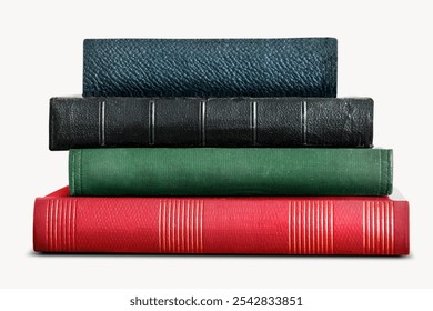 Book stack, learning isolated image on white background. Book education simple photography. Book photo for mockup product design showcase advertisement. Vintage hard cover book stack isolated.