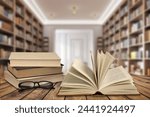 Book stack on the desk in public library
