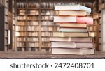 Book stack on the desk in public library