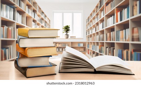 Book stack and opened book on the desk on blurred bookshelves in light public library room background - Powered by Shutterstock