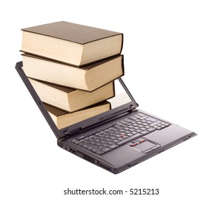 Book stack over laptop - online library and learning concept - isolated