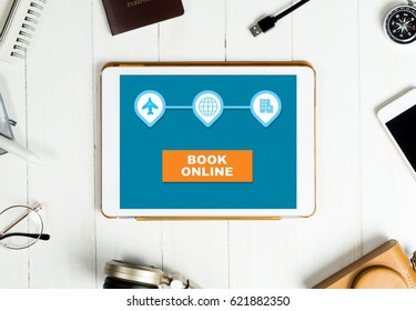 Book Travel Agency Online Website Button Now Application On Tablet , For Online Travel Agency Hotel Flight Ticket Booking And Payment Concept.