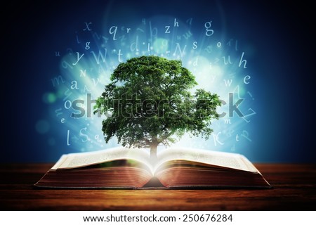 Book or tree of knowledge concept with an oak tree growing from an open book and letters flying from the pages